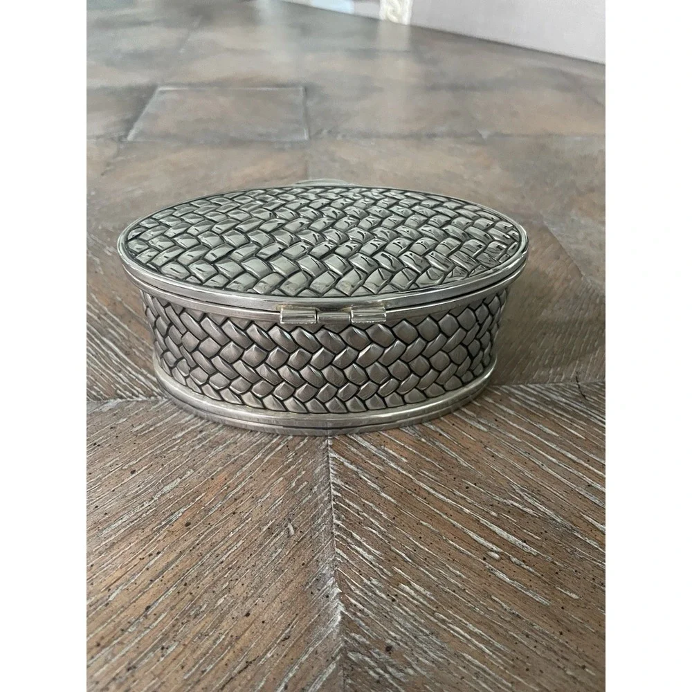 Vtg Godinger Silver Metal Basket Weave Hinge Lidded Trinket‎ Box Velvet Lining